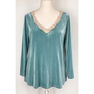 Soft Surroundings XL Velour Top Seafoam Green Lace Trim Long Sleeve Stretch
